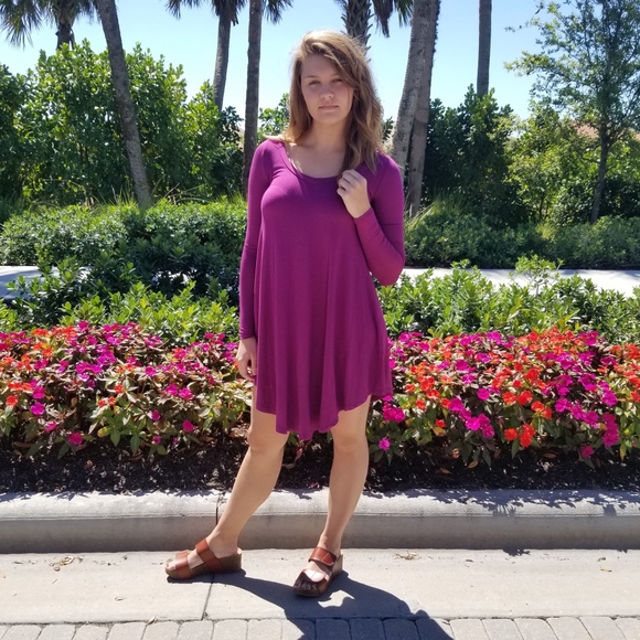 Magenta V Neck Tunic Boho Dress - Picture 2 of 6